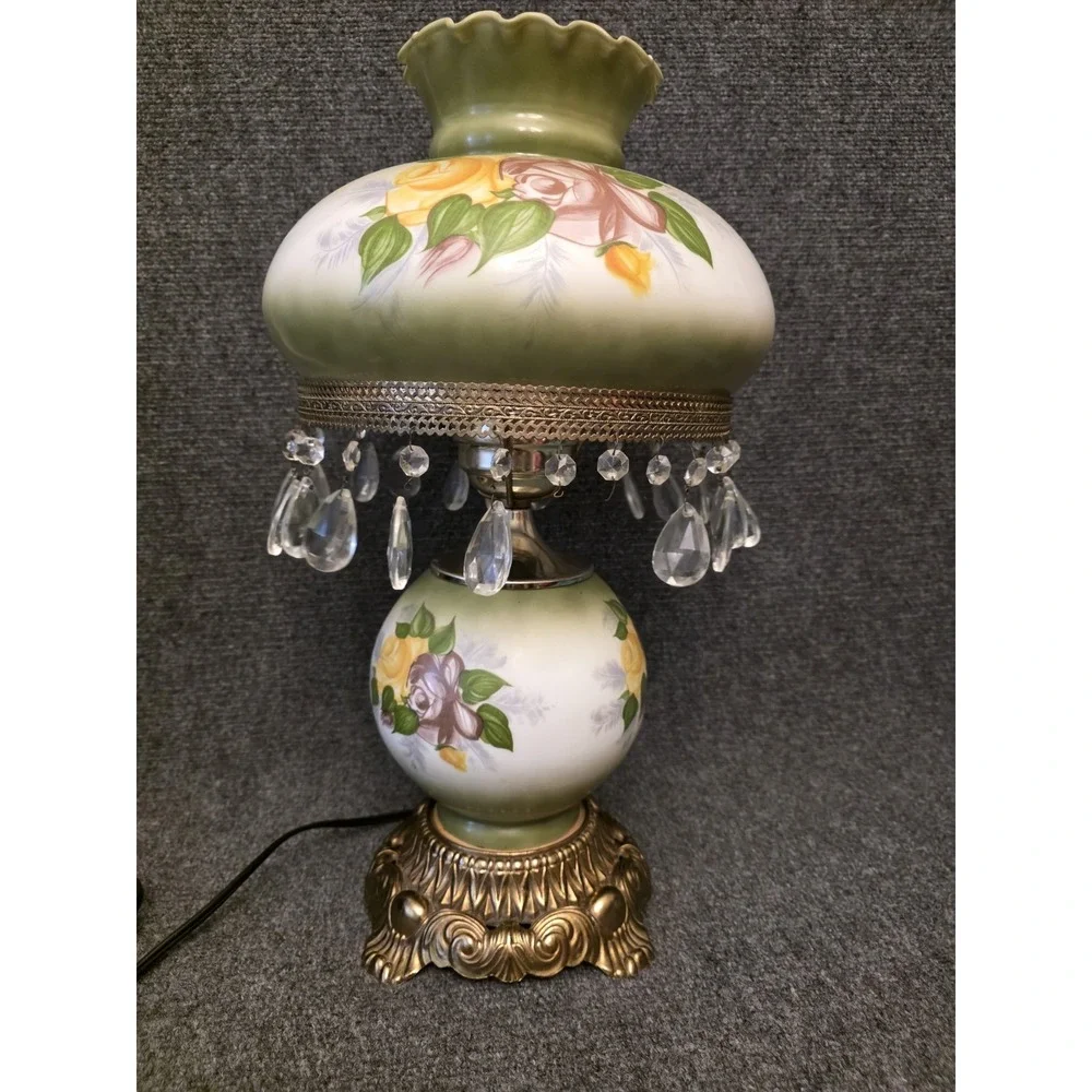 Antique Rose on Green Hurricane Lamp 10
